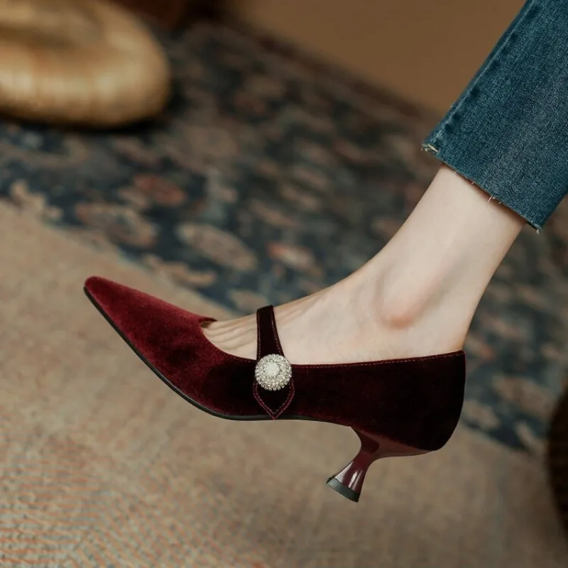 Women Shoes Heels - ワインレッド ポインテッドトゥ メリージェーンシューズ レディース ヴィンテージ ワンバックル