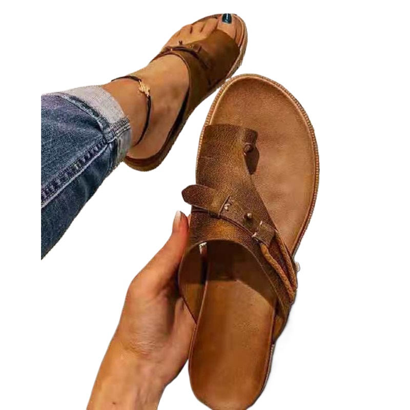 Women'S Shoes With Bunions - 2025 サンダル女性のための整形外科腱膜瘤コレクタースリッパレザーリングトゥサンダル快適なプラットフォームフラット女性の靴プラスサイズ 43