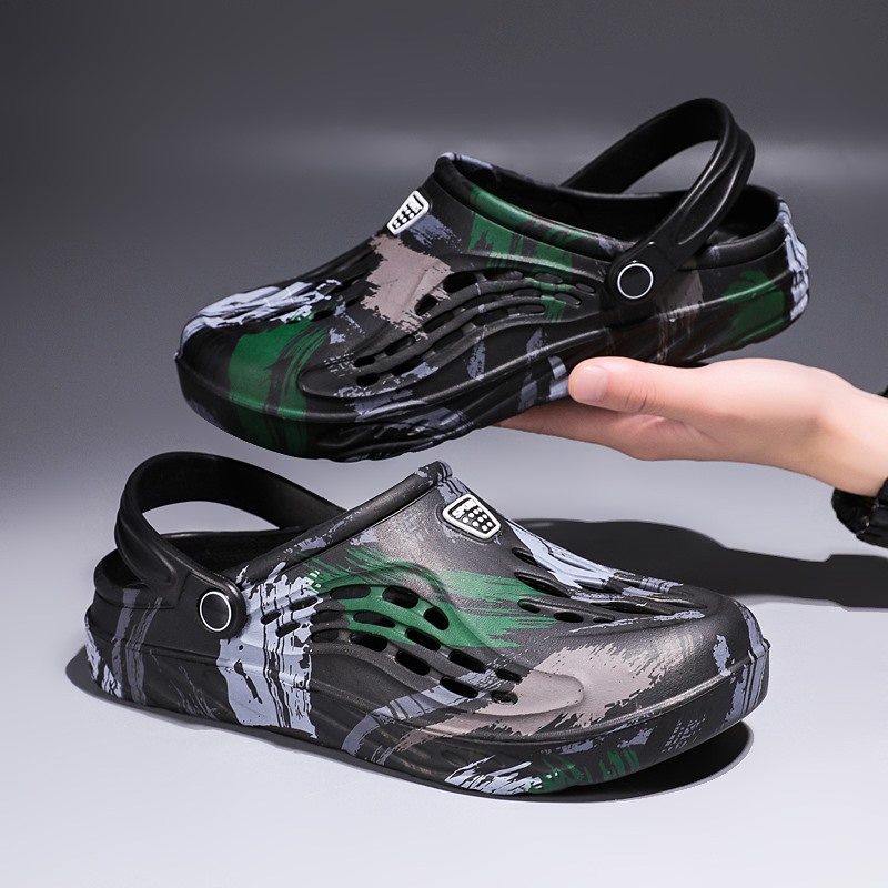Croc Style Clog - メンズ夏用迷彩柄グラフィティサンダル ガーデンクロッグシューズ メンズアウトドアビーチ滑り止めスリッパ 室内ホームシューズ 大きいサイズ 45-49
