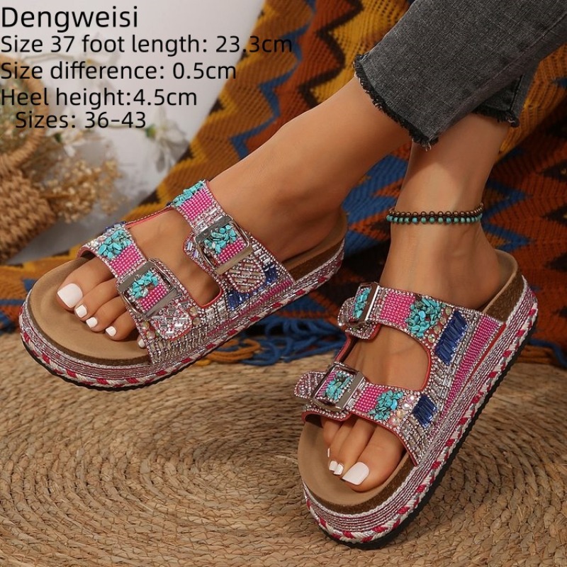 Cork Wedge Sandal - ファッションピンクビーズプラットフォームウェッジレディースサンダルラインストーンダブルバックルビーチレディーススリッパボヘミアンコルク女性用シューズ