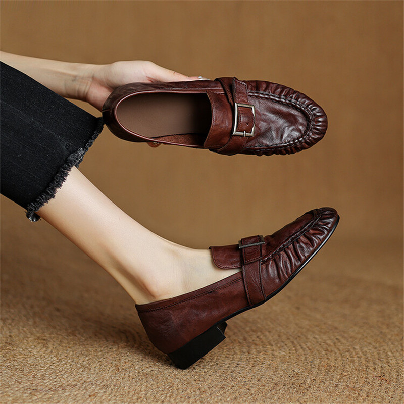 Women Shoes Heels - 女性用本革モカシン,丸いつま先の靴,プリーツパンプス,厚手のヒール,ファッション,秋,新品