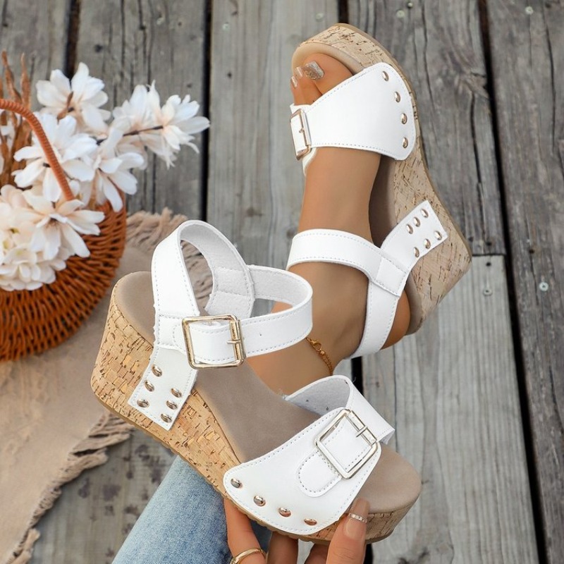 Cork Wedge Sandal - レディースサマーウェッジサンダル、プラットフォームハイヒール、アンクルストラップバックル、ピープトゥ、スタッズ付きコルク柄、快適なウォーキングスタイル、新作