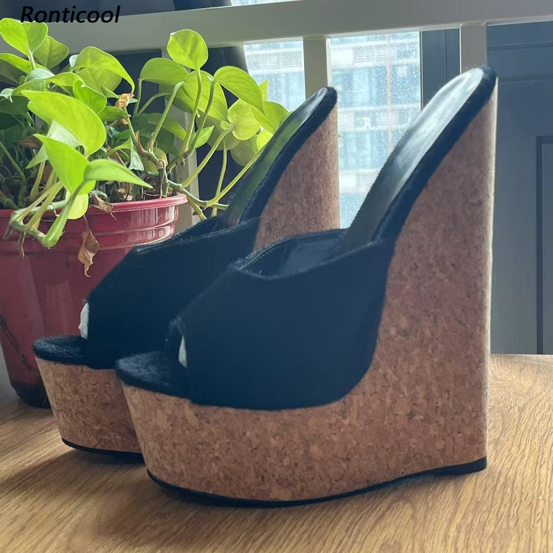 Cork Wedge Sandal - Ronticool 手作り女性用黒ポニーヘアミュールウェッジ、コルクプラットフォーム、ラウンドトゥ、黒カジュアルシューズ、米国プラスサイズ 4-15
