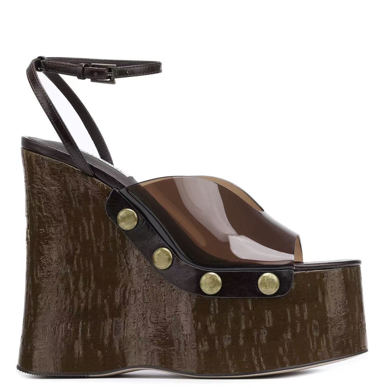 Women'S Shoes Water Resistant - ハイヒール 14 センチメートル厚底サンダル婦人服厚底木目調防水テーブルサンダルメ​​タルネイルバックル靴