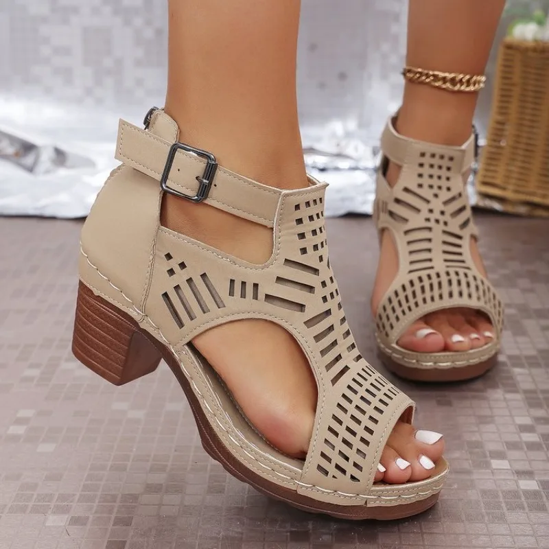 Cork Wedge Sandal - ローマスタイルの女性用サンダル、通気性がありスタイリッシュな中空のフィッシュマウスオープントゥアンクルストラップウェッジサンダル、アウターウェア用
