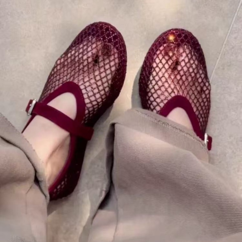 Women Shoes Heels - 中空ラインストーンバオトウサンダル レディース 2026年新作 フィッシングネット通気性織りメリージェーンシングルシューズ