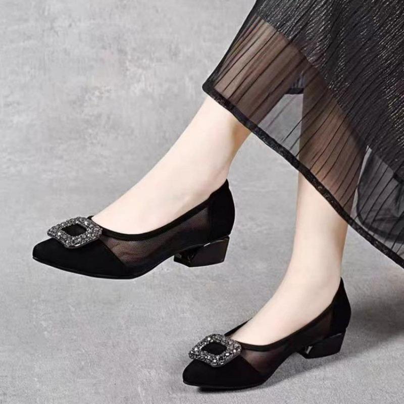 Women Shoes Heels - エレガントなポインテッドトゥメッシュブロックヒールパンプス、ラインストーンスクエアバックル装飾の浅履きシューズ、通気性のある女性用オフィスシューズ
