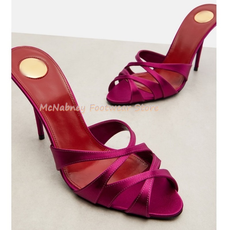 Women'S Shoes Clogs - ポインテッドトゥのスティレットヒール、サテン生地、クロスバンド、ローマ風、レディースシューズ、クラレット色、ハンドメイド、高級レディーススリッパ、サマーサンダル