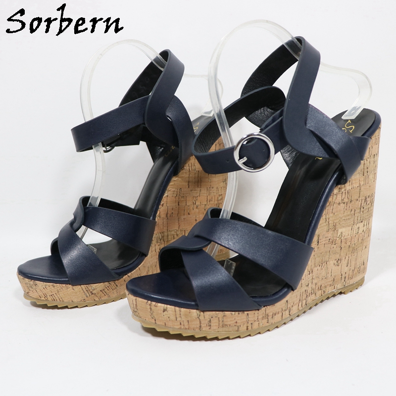Cork Wedge Sandal - Sorbern ユニセックスネイビーブルー女性サンダルコルクウェッジハイヒール厚いプラットフォーム快適な夏の靴実像