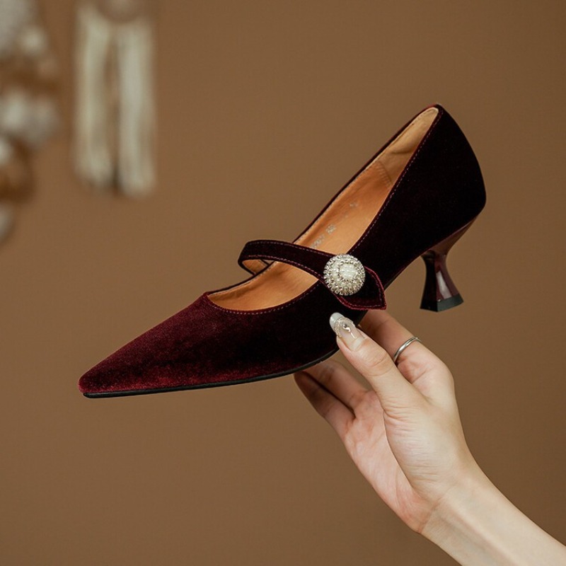 ワインレッド ポインテッドトゥ メリージェーンシューズ レデ - Women Shoes Heels のレビューと価格