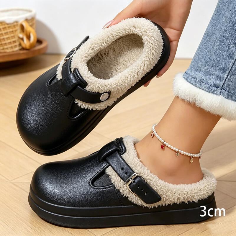 カジュアルメタルバックル付き暖かいプラッシュミュールスリッパ - Women'S Shoes Water Resistant のレビューと価格