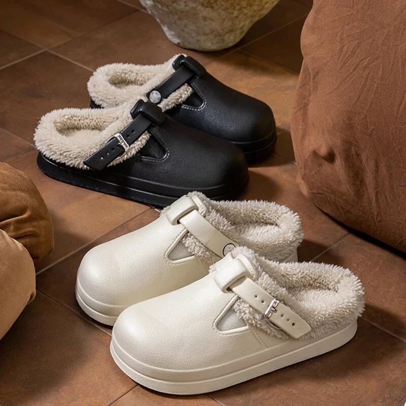 カジュアルメタルバックル付き暖かいプラッシュミュールスリッパ - Women'S Shoes Water Resistant のレビューと価格