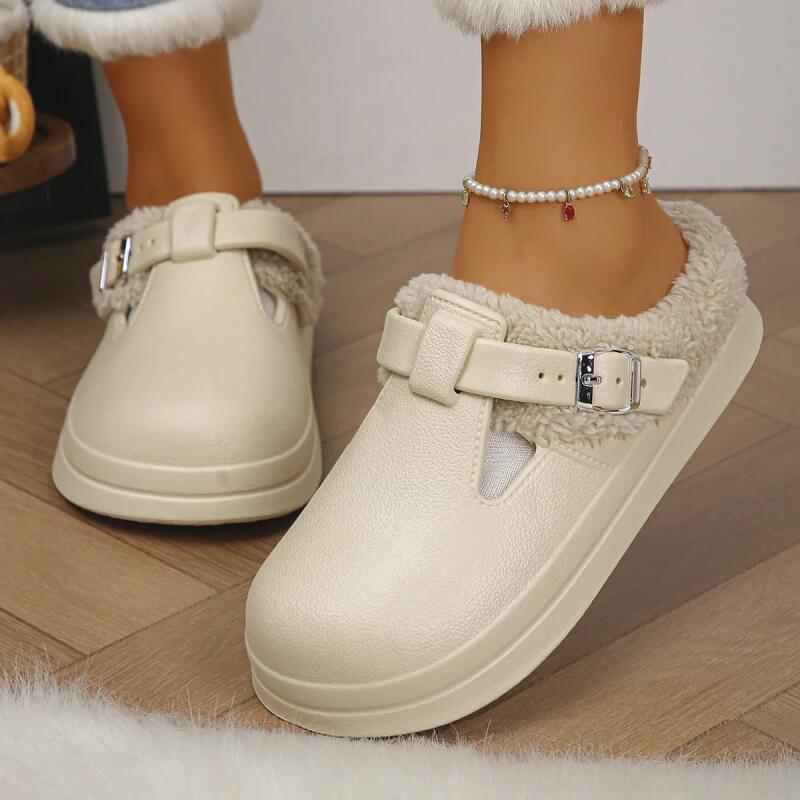 カジュアルメタルバックル付き暖かいプラッシュミュールスリッパ - Women'S Shoes Water Resistant のレビューと価格