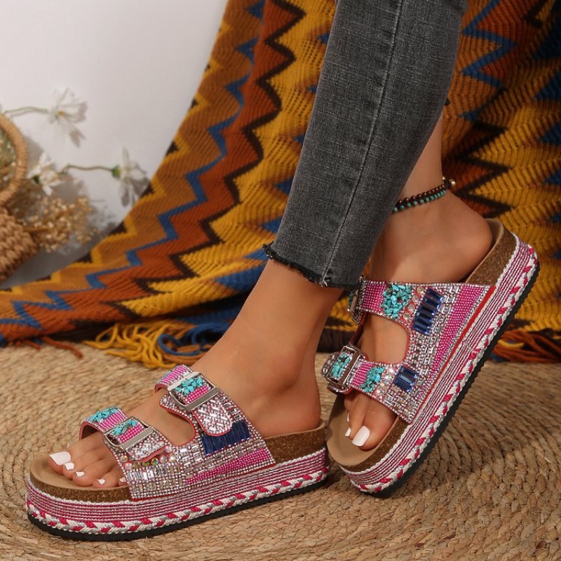 ファッションピンクビーズプラットフォームウェッジレディースサ - Cork Wedge Sandal のレビューと価格