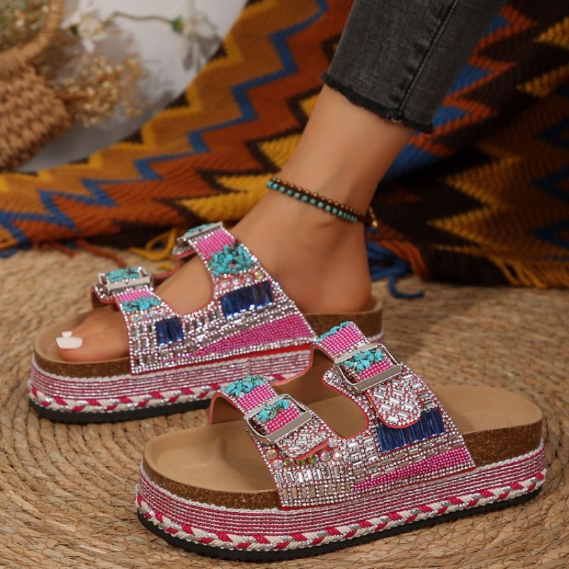 ファッションピンクビーズプラットフォームウェッジレディースサ - Cork Wedge Sandal のレビューと価格