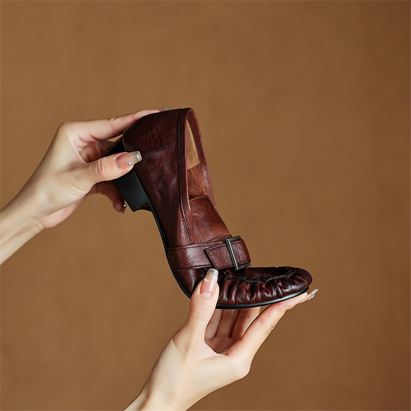 女性用本革モカシン,丸いつま先の靴,プリーツパンプス,厚手の - Women Shoes Heels のレビューと価格