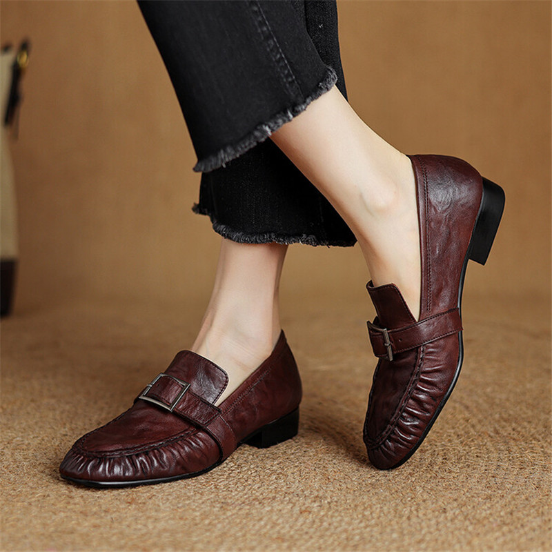 女性用本革モカシン,丸いつま先の靴,プリーツパンプス,厚手の - Women Shoes Heels のレビューと価格
