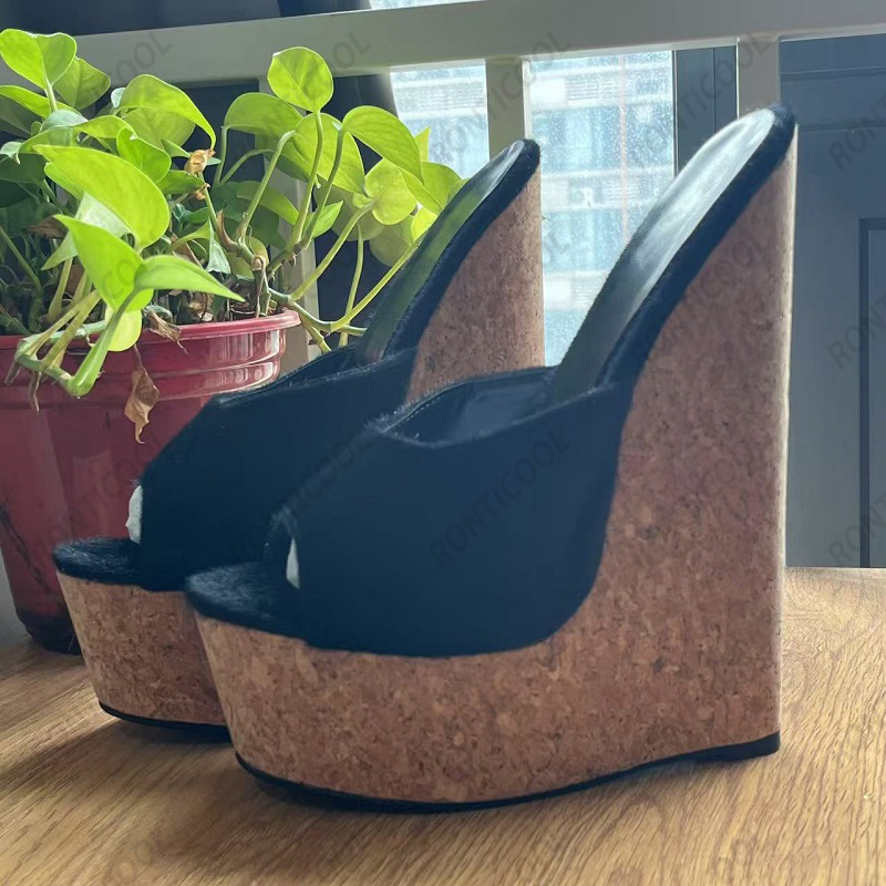Ronticool 手作り女性用黒ポニーヘアミュールウェッジ - Cork Wedge Sandal のレビューと価格