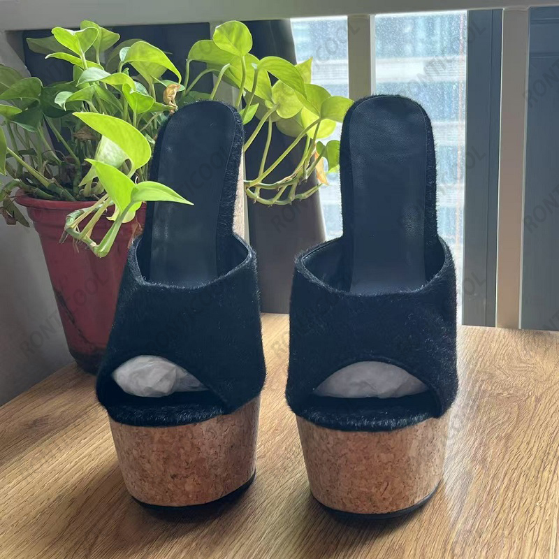 Ronticool 手作り女性用黒ポニーヘアミュールウェッジ - Cork Wedge Sandal のレビューと価格