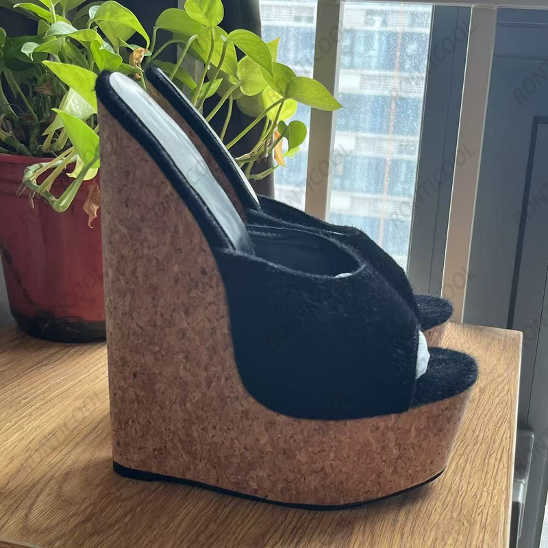 Ronticool 手作り女性用黒ポニーヘアミュールウェッジ - Cork Wedge Sandal のレビューと価格