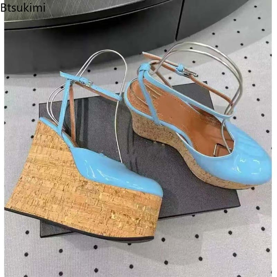 女性のパテントレザーウェッジサンダルアンクルストラップコルク - Cork Wedge Sandal のレビューと価格