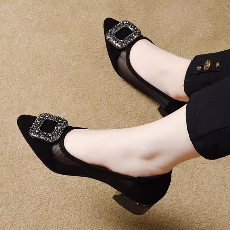 エレガントなポインテッドトゥメッシュブロックヒールパンプス、 - Women Shoes Heels のレビューと価格